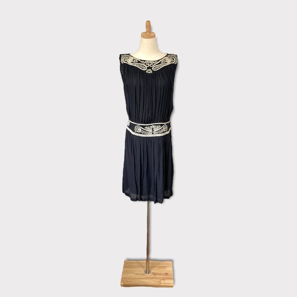 French Connection Black Midi Dress with Cream Embroidered Trim